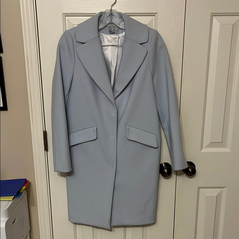 H&M Baby Blue Coat with Structured Shoulders and Notched Lapels